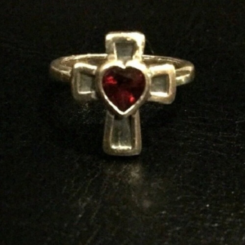 James Avery Red Garnet Heart Cross Sterling Silver Ring 6 Rare Vintage